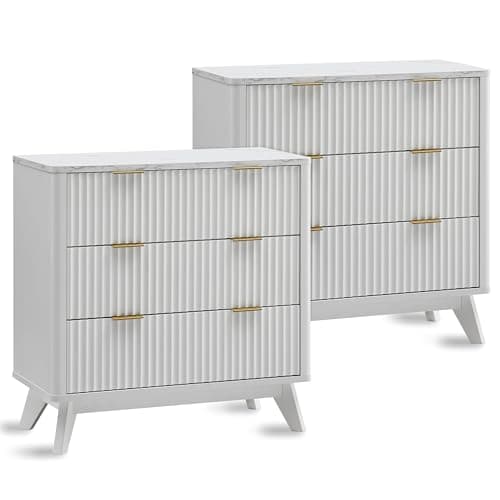 T4TREAM 32" Tall Fluted Nightstand Set of 2, Modern Side Table with Faux Marble Top, 3 Drawers End Table w/Storage, Bedside Table for Bedroom, Living Room, Curved Profile Design, Solid White - Image 1