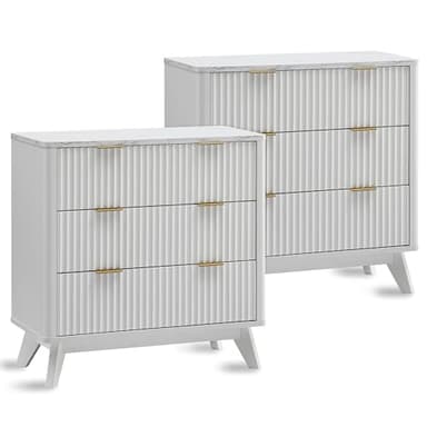 T4TREAM 32" Tall Fluted Nightstand Set of 2, Modern Side Table with Faux Marble Top, 3 Drawers End Table w/Storage, Bedside Table for Bedroom, Living Room, Curved Profile Design, Solid White - Image 1