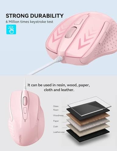TECKNET Wired Mouse, 6-Button Corded with 4 Adjustable DPI, Optical Ergonomic Design, 5FT Cord for Laptop, Chromebook, PC, Desktop, Mac, Notebook - Pink - Image 4