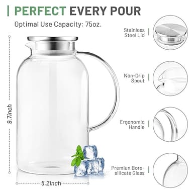 SUSTEAS 2.2 Liter 75oz Glass Pitcher with Lid, Easy Clean Heat Resistant Glass Water Carafe with Handle for Hot/Cold Beverages - Water, Cold Brew, Iced Tea & Juice, 1 Long-Handled Brush Included - Image 3