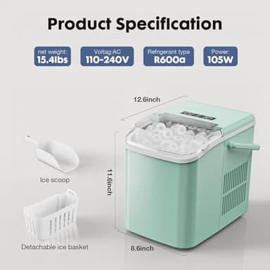 Sweetcrispy Countertop Ice Maker with Scoop, Basket and Handle, Portable Ice Machine 9 Ice Cubes Ready in 6 Mins, 26.5lbs in 24Hrs, 2 Sizes for Home Kitchen Office Bar Party, Green - Image 2