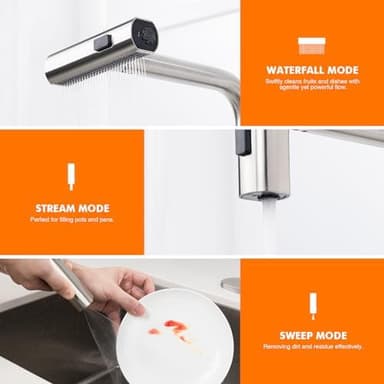 Ibergrif Waterfall Kitchen Faucet with Pull Down Sprayer, Kitchen Sink Faucet 3 Water Outlet Modes, Single Handle, Brushed Nickel, 360° Swivel, Stainless Steel Kitchen Faucets for RV, Bar, Farmhouse - Image 3
