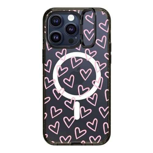 CASETiFY Impact Ring Stand Case for iPhone 15 Pro Max [3X Military Grade Drop Tested / 6.6ft Drop Protection/Compatible with Magsafe] - Pattern Prints - Hearts/Light Pink Thin- Clear Black - Image 1