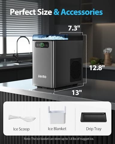 Aeitto Nugget Ice Maker 40Lbs/24H, Countertop Soft Chewable Ice Pebble Ice Machine, One-Click Operation, Auto Self-Cleaning Ice Makers with Scoop&Basket for Home, Office, Kitchen, Party (Grey) - Image 6