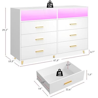 EnHomee White Dresser with LED Lights, 6 Drawers & 2 Open Shelves Top Dresser for Bedroom, Wood Chests of Drawers - Image 2