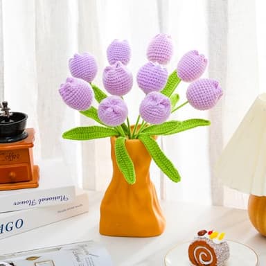 Veryhome 10Pcs Artificial Flowers Crochet Flowers Completed Handmade Tulip for Home Decoration and Valentine's Day Mother's Day Birthday Wedding Gift, Purple - Image 2
