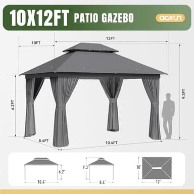 AOXUN Outdoor Gazebo for Patio 10x12, Metal Frame Canopy with Double Roofs, Heavy Duty Party Tent and Shelter with Mosquito Netting and Privacy Screen for Backyard, Lawn, Garden,Deck (Gray) - Image 6