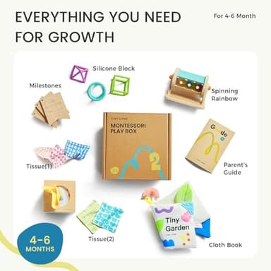 Tiny Land Montessori Baby Toy Set 4-6 Months – Early Learning Motor Skills Development Kit with 4-in-1 Soft Cloth Book, Spinning Rainbow Toy, Silicone Blocks and Baby Tissue Box - Image 2