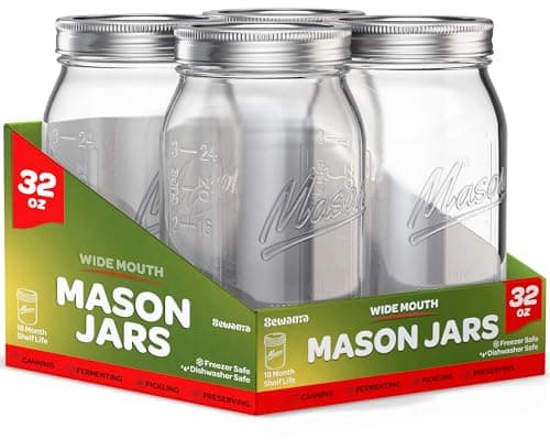 Wide Mouth Mason Jars 32 oz [4 Pack] With Mason Jar Lids and Bands, Mason Jars 32 oz - For Canning, Fermenting, Pickling - Jar Decor - Microwave/Freeze/Dishwasher Safe. - Image 1