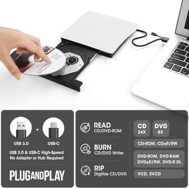 ROOFULL External CD DVD Drive for Mac Laptop, USB 3.0 & USB-C CD DVD Reader Writer Burner Player ROM/RW Portable Optical Disc Drive for Apple MacBook Pro, iMac, Windows 11/10/8/7 Computer PC, White - Image 2