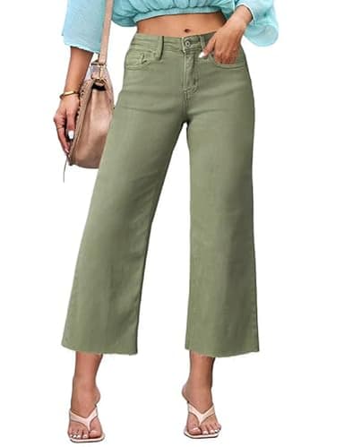 Allimy Women's High Waisted Straight Ankle Wide Leg Ripped Jeans Frayed Hem Stretchy Capri Denim Pants Olive Size 4 - Image 2