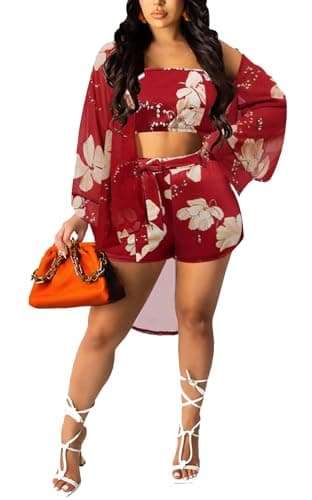 KEYUFANG Women 3 Piece Vocation Outfits Summer Suit Floral Kimono Cardigans Beach Cover Up Crop Cami Top Short Set Red - Image 1
