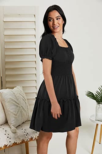 Heysolo Womens Square Neck Mini Dress Casual Short Sleeve Empire Waist Smocked Summer Babydoll Dresses - Image 5