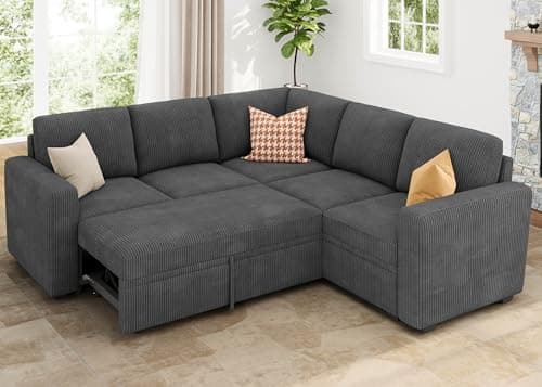 HONBAY Modular Sectional Sleeper Sofa with Pull Out Bed, Corduroy L Shaped Couch with Storage Seats, Convertible Sectional Couches for Living Room, Dark Grey - Image 1
