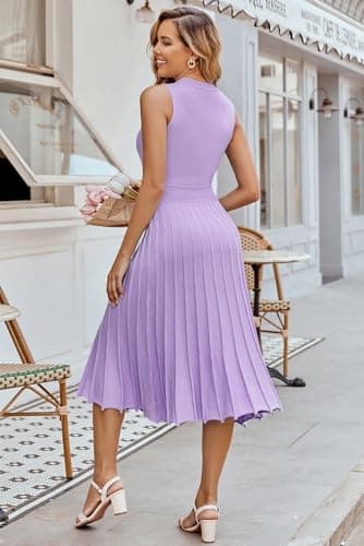Pink Queen Women's Sexy Crew Neck Sleeveless Bodycon Pleated Swing Flowy Wedding Midi Knitted Dresses Purple M - Image 5