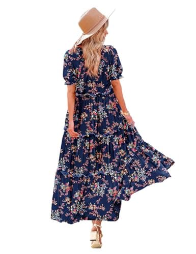YESNO Summer Casual Bohemian Floral Dresses for Women Puff Short Sleeve Long Maxi Dress with Pockets (M ETX CR30) - Image 1