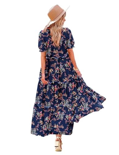 YESNO Summer Casual Bohemian Floral Dresses for Women Puff Short Sleeve Long Maxi Dress with Pockets (M ETX CR30) - Image 1