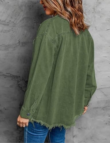 Vetinee Women's Oversized Denim Jean Jacket in Elm Green, Frayed Raw Hem, Front Button, Long Sleeve, Pockets - Size 8/10 - Image 2
