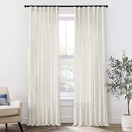 108 Inch Linen Curtains 2 Panels,With Heading Tape Hooks for Track System Back Tab,Stone Washed Cotton Flax Weave Sheer Extra Long Curtain for Living Room Bedroom,9FT 9 FT,Cream(Ivory/Off White) - Image 1
