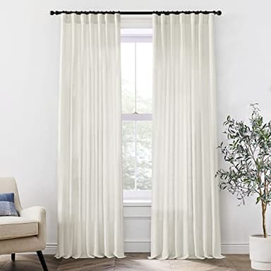 108 Inch Linen Curtains 2 Panels,With Heading Tape Hooks for Track System Back Tab,Stone Washed Cotton Flax Weave Sheer Extra Long Curtain for Living Room Bedroom,9FT 9 FT,Cream(Ivory/Off White) - Image 1