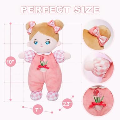 OUOZZZ Soft Baby Doll for Girls - My First Baby Doll Birthday Gifts for Girls Plush Rag Dolls Tulip Pink Dress Toy for Toddlers Kids Infants 10" - Image 3