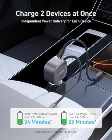 Anker USB-C Car Charger, 75W Max Ultra-Compact Type-C Fast Car Charger with Built-in Retractable Cable Car Adapter for iPhone 15/14 Series, Samsung S24/S23, MacBookPro/Air, iPad, and More - Image 3