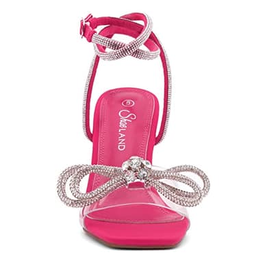 Shoe Land Women’s Clear Rhinestone Bow Heels – Double Bowknot & Adjustable Ankle Strap | Crystal Stiletto High Heels with Square Open Toe for Wedding & Party ClearFuchsia, Size 8.0, SL-Naomi - Image 2