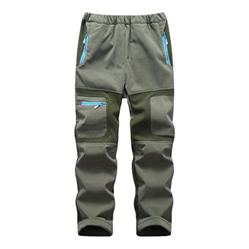 linlon Kids Boy's Snow Waterproof Pants Youth Fleece Lind Hiking Softshell Warm Insulated Trousers 9056-Army Green-L - Image 1