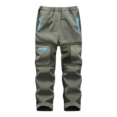 linlon Kids Boy's Snow Waterproof Pants Youth Fleece Lind Hiking Softshell Warm Insulated Trousers 9056-Army Green-L - Image 1