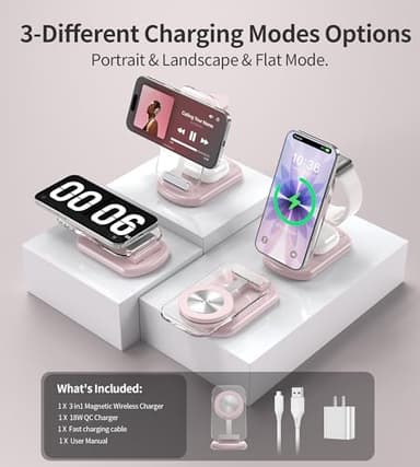 3 in 1 Magnetic Wireless Charging Station for Apple Devices, Fast Foldable Travel Mag-Safe Charger Stand with Night Light for iPhone 16 15 14 13 12 Series, Apple Watch/AirPods Pro，PK - Image 4
