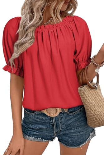 EVALESS Blouses for Women Summer Outfits Women's Clothing Trendy 2025 Basic Short Sleeve Tshirts Round Neck Red Blouses Spring Clothes Peplum Off The Shoulder Casual Tops for Women Work, X-Large - Image 1