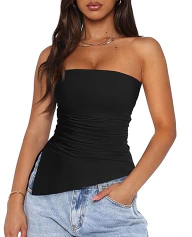 PRETTYGARDEN Womens Tube Top 2025 Summer Trendy Strapless Tops Going Out Outfits Ruched Asymmetrical Bandeau Shirts (Black,Small) - Image 1