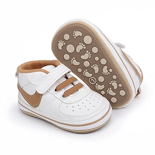 Clowora Unsex Baby Shoes Boys Girls Infant Sneakers Non-Slip Soft Rubber Sole Toddler Crib First Walker Lightweight Shoes (A03/Khaki,6-12 Months) - Image 1