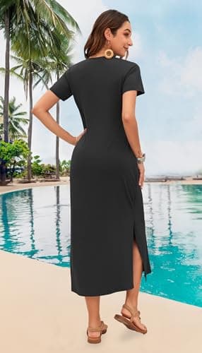 MISFAY Women Summer Midi Dresses Casual Loose Short Sleeve Dress Split Maxi Beach Sundress Travel Vacation Dress with Pockets Black - Image 3