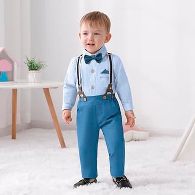 nilikastta 1st Birthday Outfit Boy Boys Gentleman Wedding Outfit Blue Formal Dress Shirt/Bowtie/Suspender Pants 12-18months for Wedding - Image 2