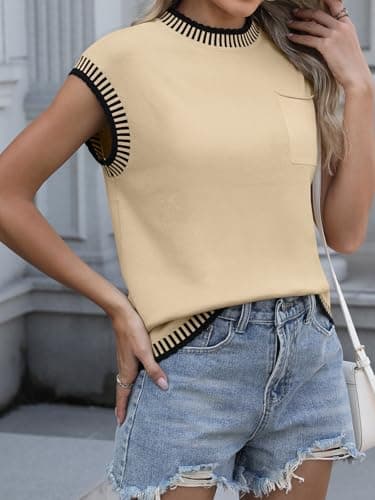 AFVETUT Womens Cap Sleeve Knit Sweater Sleeveless Vest 2025 Summer Spring Mock Neck Casual Pullover Tank Tops Shirts Apricot - Image 3