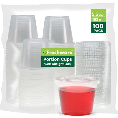 Freshware Plastic Portion Cups with Lids [5.5 Ounce, 100 Sets] Souffle Cups, Jello Shot Cups, Condiment Sauce Containers For Sampling, Sauce, Snack or Dressing - Image 1