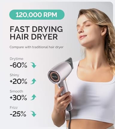 MelodySusie Hair Dryer with Diffuser,1600W Powerful Ionic Blow Dryer with Diffuser,Nozzle and Hair Brush,3 Temps & Stepless Speed,120000 RPM Fast Drying Low Noise Hairdryer,Ideal for Women Curly - Image 2