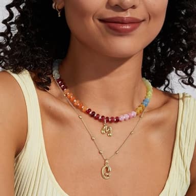 KissYan Initial Necklaces for Women, Colorful Beaded Gemstone Choker 14K Gold Bubble Letter Pendant Necklace Natural Stone Summer Beach Handmade Jewelry Gift(C) - Image 2