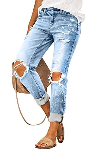 KUNMI Women's Ripped Mid Waisted Boyfriend Jeans Loose Fit Distressed Stretchy Denim Pants - Image 4
