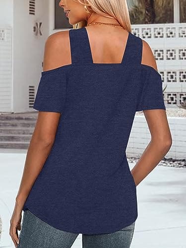 Women's Shirts Short Sleeve Cold Shoulder Navy Blue Basic Tee Tops V Neck Blouse Tunic Top - Image 4