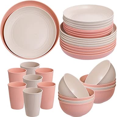 LIYH 32pcs Wheat Straw Dinnerware Sets for 8 Pink Plastic Plates and Bowls Sets,Plastic Plates Reusable,Dishwasher Freezer Safe (Pink Beige) - Image 9