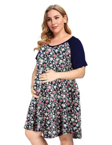 MONNURO Women's Plus Size Nursing Dress Color Block Labor Delivery Gown Maternity Pajamas for Breastfeeding(Navy Flower,2X) - Image 4