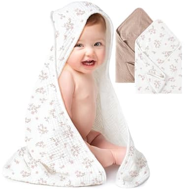 Konssy 2-Pack Muslin Hooded Baby Towels, 100% Cotton, Ultra-Soft & Absorbent Baby Bath Towels with Hood for Newborn & Infant (Taupe,Soft Blooms,32" x 32") - Image 1