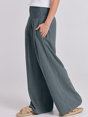 ANRABESS Women Linen Palazzo Pants Summer Boho Wide Leg High Waist Casual Lounge Pant 2025 Beach Travel Vacation Outfits Grey Small - Image 6