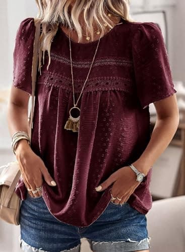 Falechay Mulberry Tops Chiffon Flowy Swiss Dots Blouses for Women Cute Boho Pullover Round Neck Short Sleeve Loose 2025 XL - Image 5