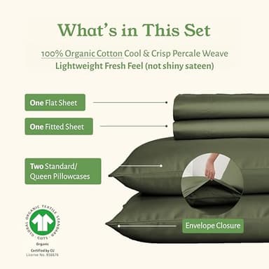 California Design Den Queen Sheets Set - Soft 100% Organic Sheets with Deep Pockets, Crisp Percale, Breathable and Durable Bedding Set - Olive Green - Image 2