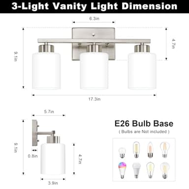 FonmYim Brushed Nickel Bathroom Light Fixtures, 3-Light Modern Vanity Light Over Mirror, Wall Sconces with Milky White Frosted Glass Shades, E26 Socket (Bulbs Not Included) - Image 2