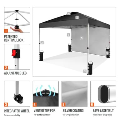 CROWN SHADES 10x10 Pop Up Canopy with 1 Side Wall - Beach Tent with One Push Setup - Outdoor Sun Shade for Events, Parties, Camping - Gazebo with STO-N-Go Cover Bag (Black) - Image 3