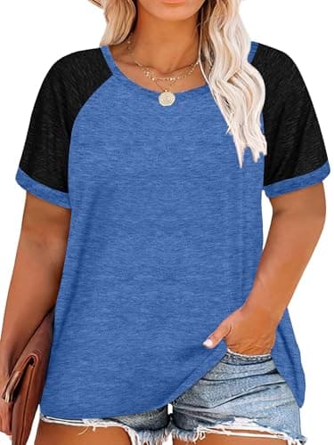 Anbech Plus Size Shirts for Women Raglan Color Block Tops Short Sleeve Casual Loose Tees (Royal Blue, 3X)